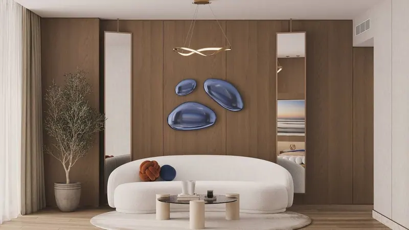 3D visualisation of a lounge with oak wall panelling for an apartment in Mamsha Al Saadiyat