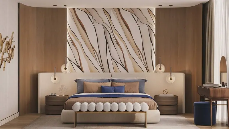 3D visualisation: master bed with a backlit mural, oak panels and globe pendants