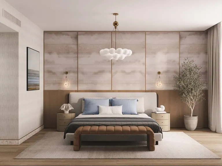 3D visualisation: guest bedroom with a cluster globe chandelier and a cognac leather bench